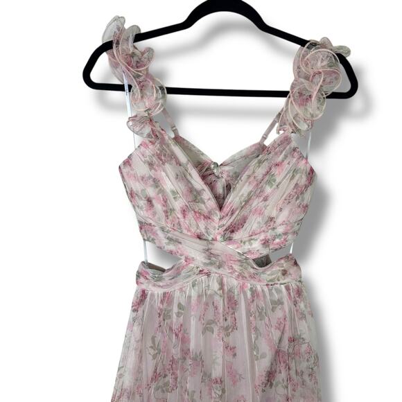 Lulus NWOT Ethereal Love Blush Floral Pleated Tiered Tie-Back Mesh Maxi Dress XS - Picture 4 of 10